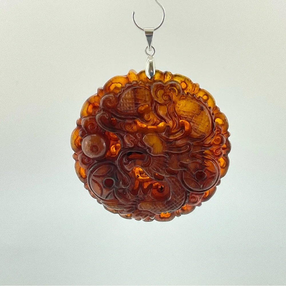 Jade Dragon Pendant, Handmade, Brown Jade, Lucky Stone, 18k Gold Plated Bail - Picture 3 of 11